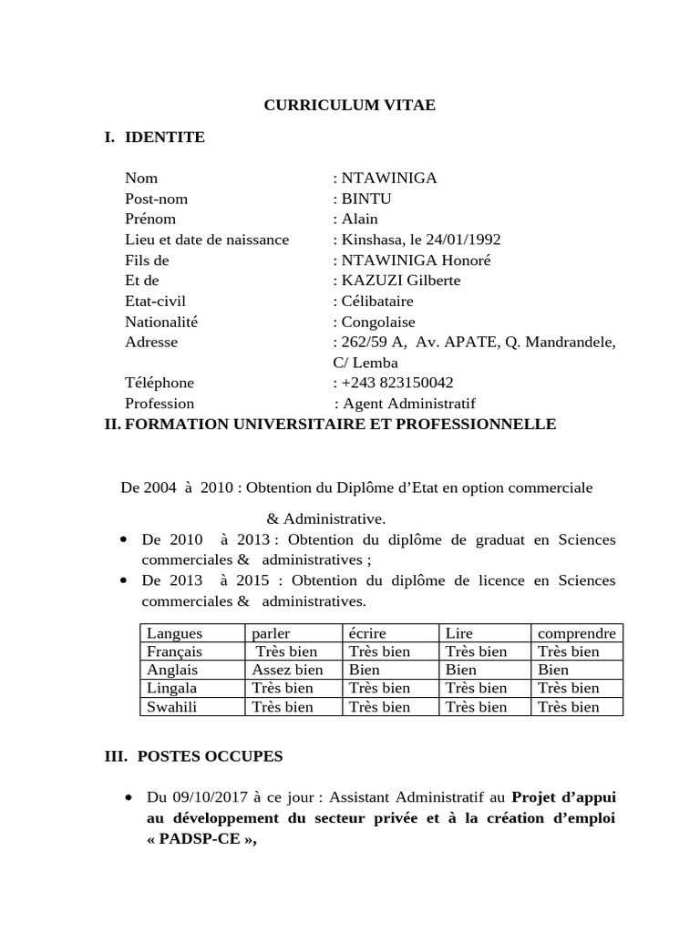 CV d'Alain NTAWINIGA BINTU | PDF | Banques | Économie