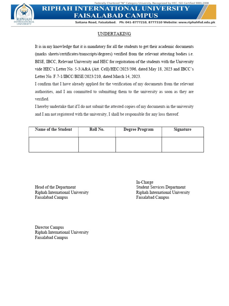 Riphah Degree Verification Undertaking | PDF