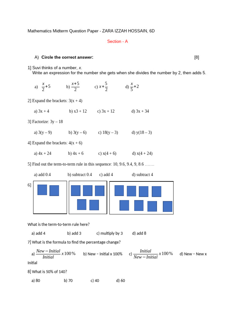 Mathematics Midterm Exam Questions | PDF | Percentage | Arithmetic