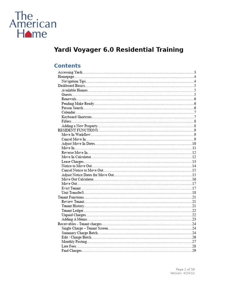 Yardi Voyager 6.0 Residential Training Guide | PDF | Lease | Eviction