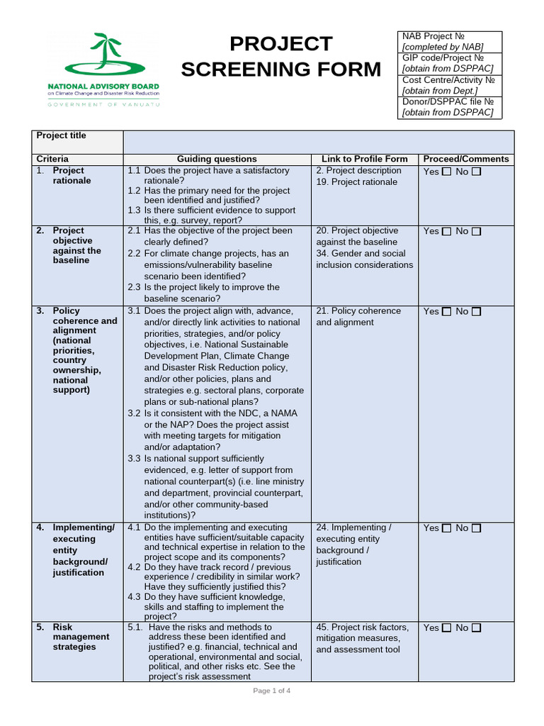 NAB Project Screening Form | PDF | Sustainability | Risk