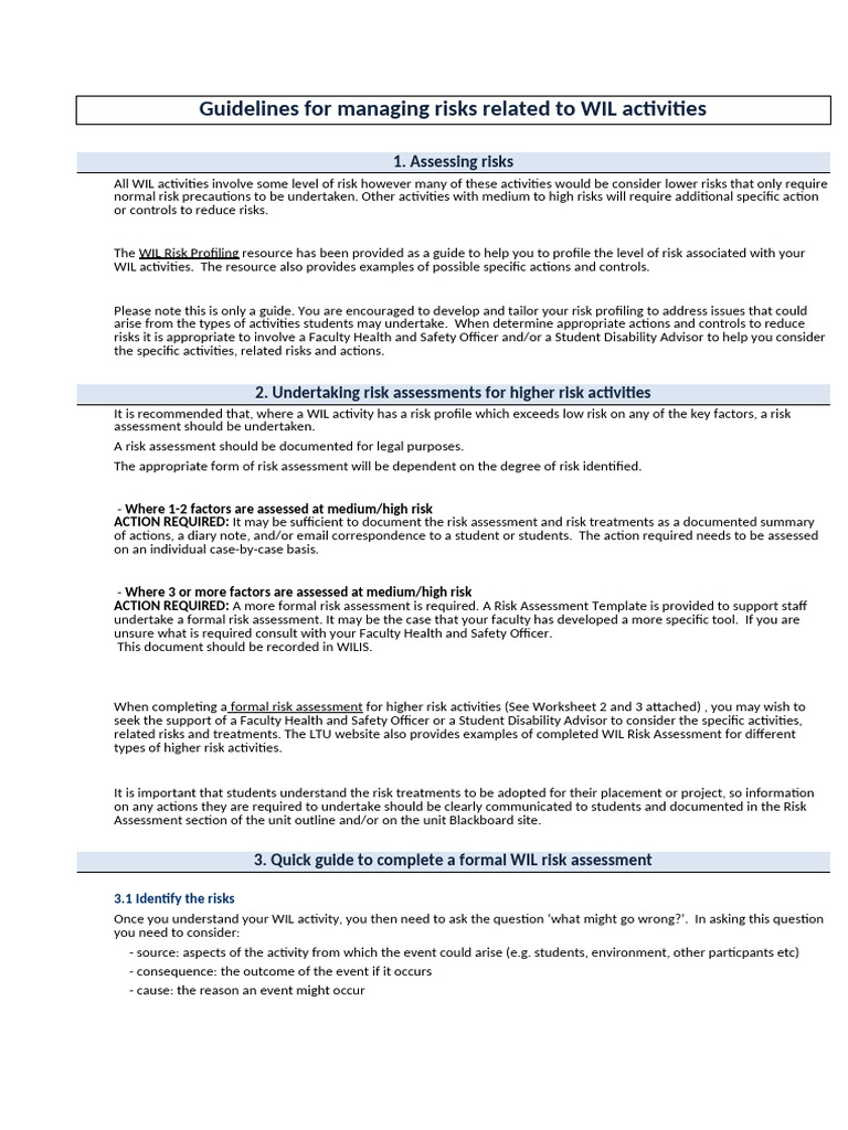 WIL Risk Management Guidelines | PDF | Risk | Occupational Safety And ...