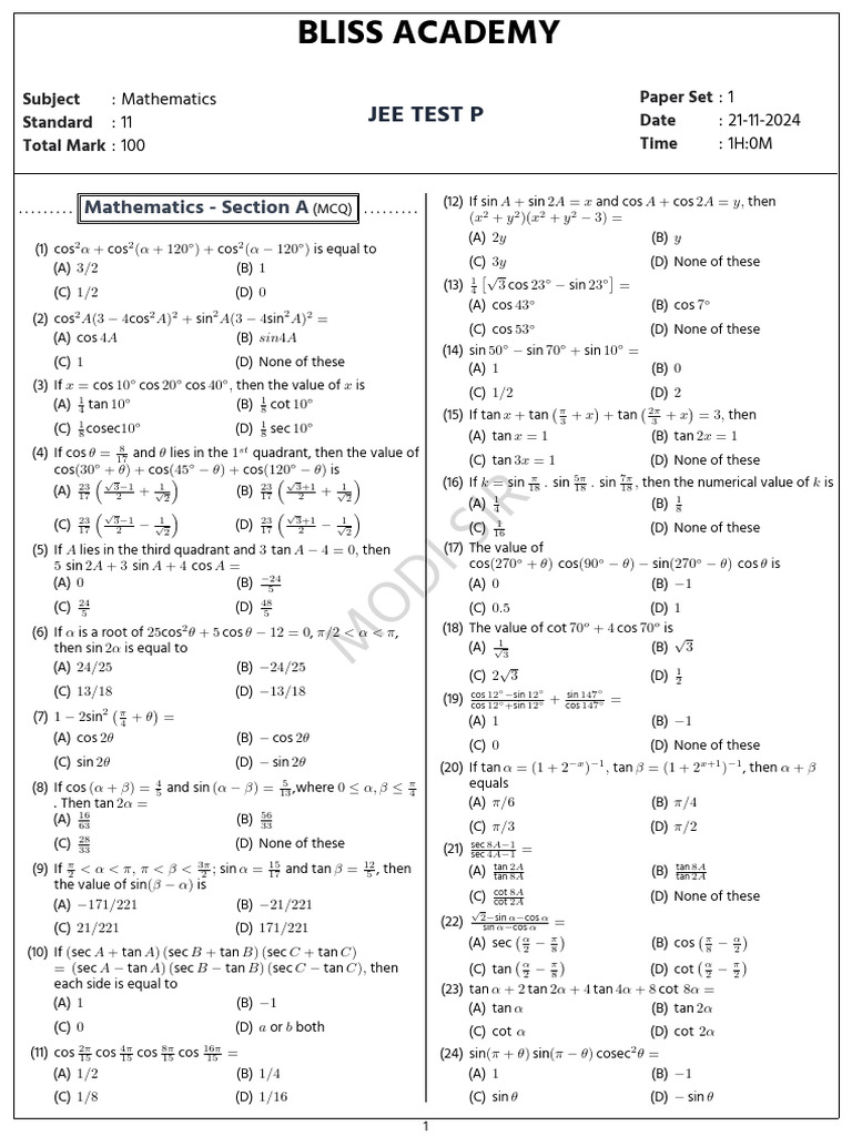 Jee Test P 1732206458 | PDF | Mathematical Objects | Mathematical Analysis
