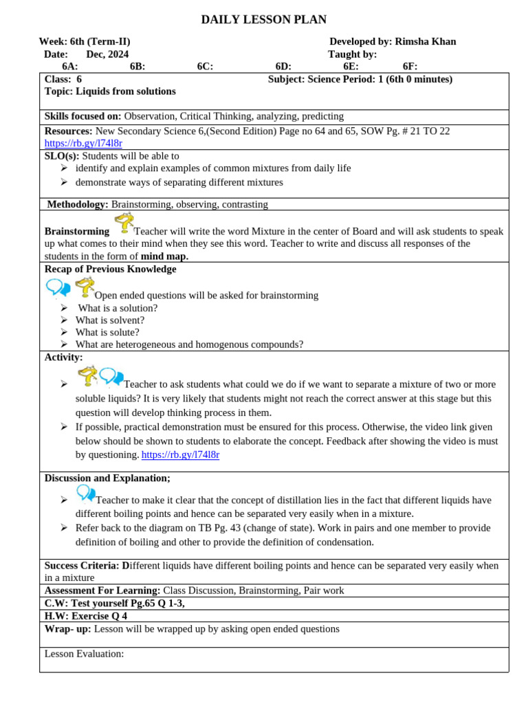 6th Grade Science Lesson Plans on Mixtures | PDF | Brainstorming ...