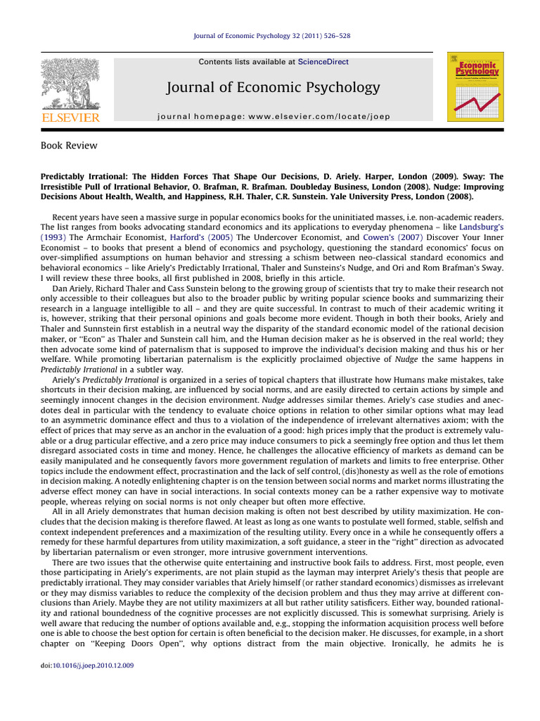 Journal of Economic Psychology: Book Review | PDF | Behavioral Economics | Rationality