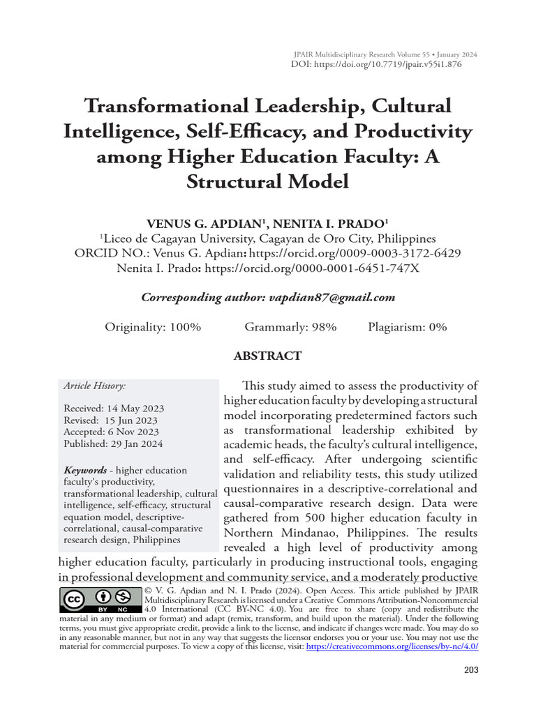 Faculty Productivity and Leadership Factors | PDF | Self Efficacy ...