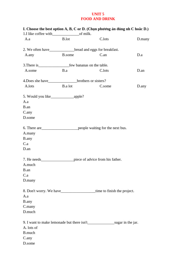 Food and Drink Vocabulary Exercises | PDF | Vietnamese Cuisine | Food ...