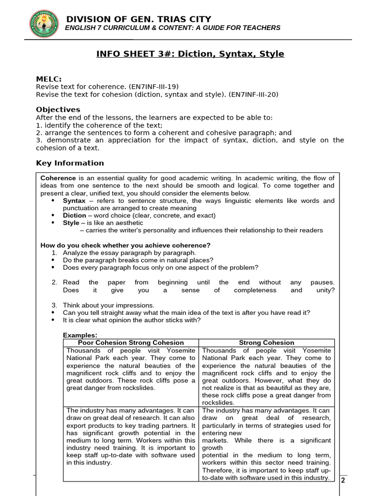 INFO SHEET 3 Diction Syntax Style | PDF | Syntax | Human Communication