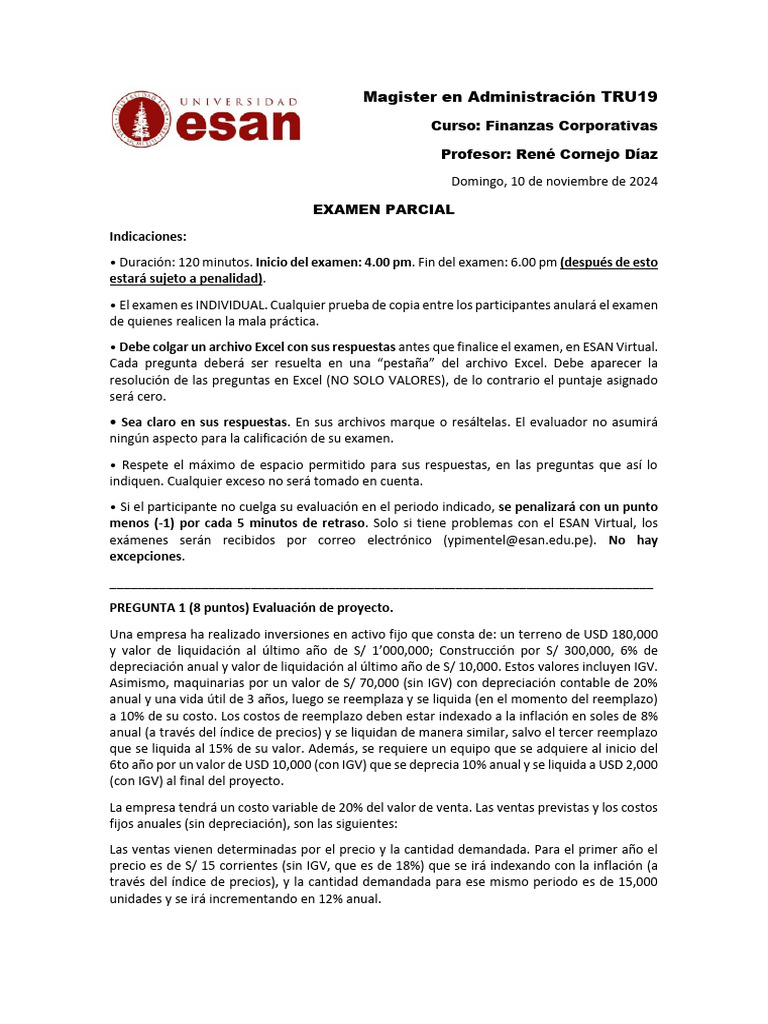 Examen Parcial Finanzas Corporativas ESAN | PDF | Inflación | Business