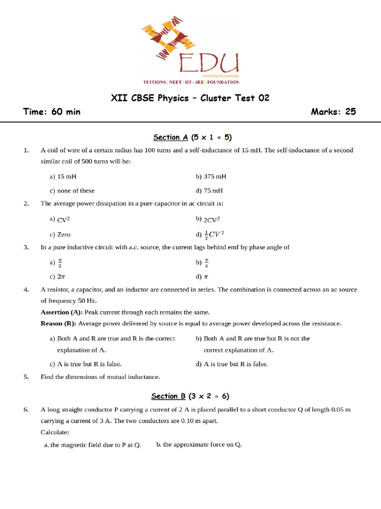 Physics Cluster Test 02 (QP) - 30.12.2024 | PDF
