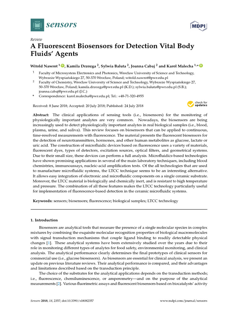 Fluorescent Biosensors for Body Fluids | PDF | Biosensor | Fluorophore