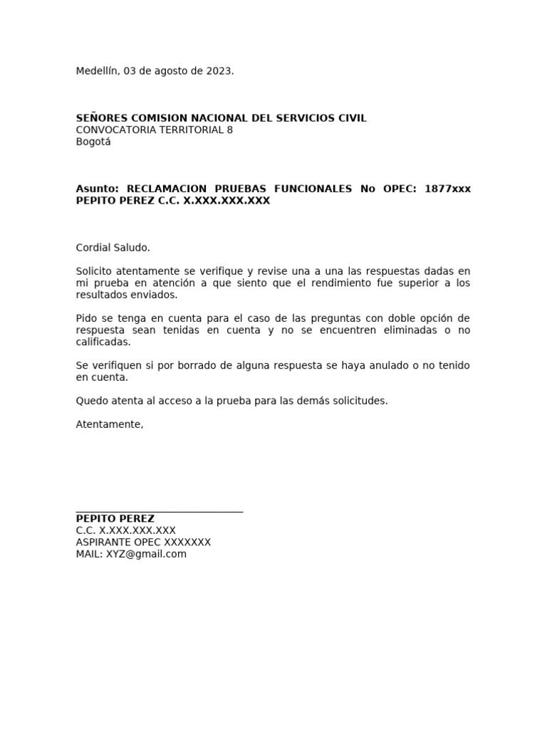 Reclamacion Pruebas Funcionales Opec Xxxxx | PDF