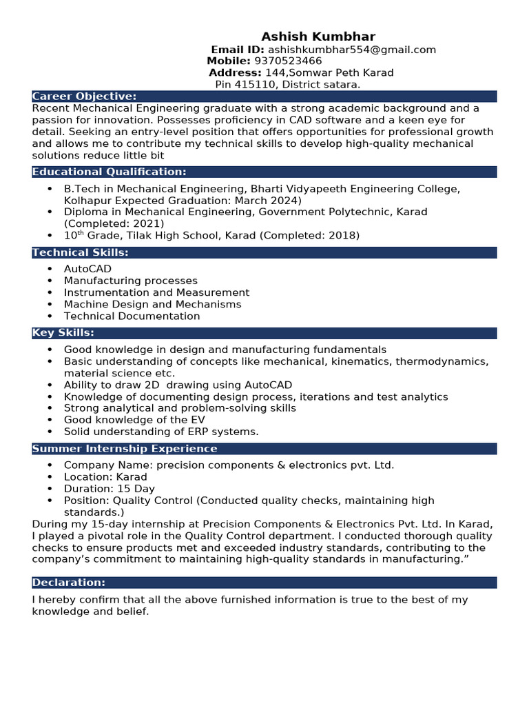 Fresher Mechanical Engineer Resume 3 | PDF