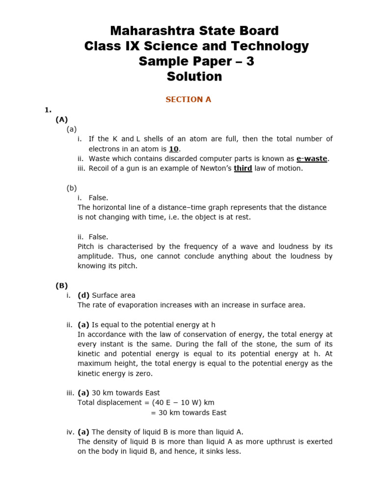 Science Class 9 Sample MSB 3 Sol | PDF | Atomic Nucleus | Atoms
