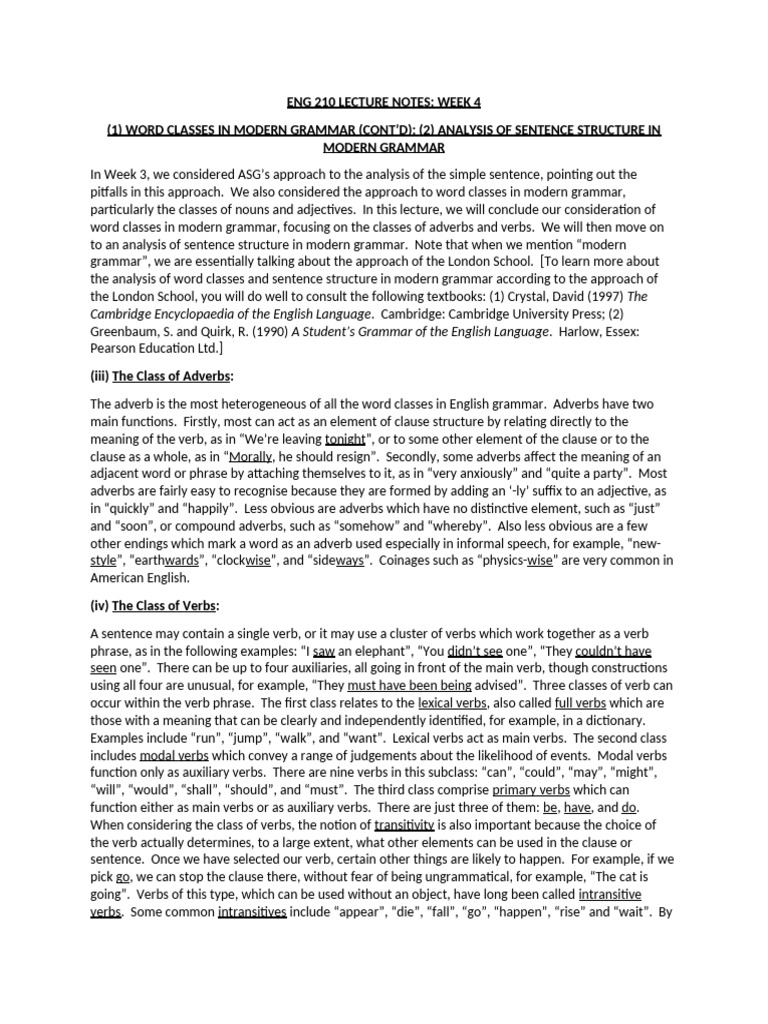 Eng210 Lecture Notes Week 4 | PDF | Subject (Grammar) | Verb