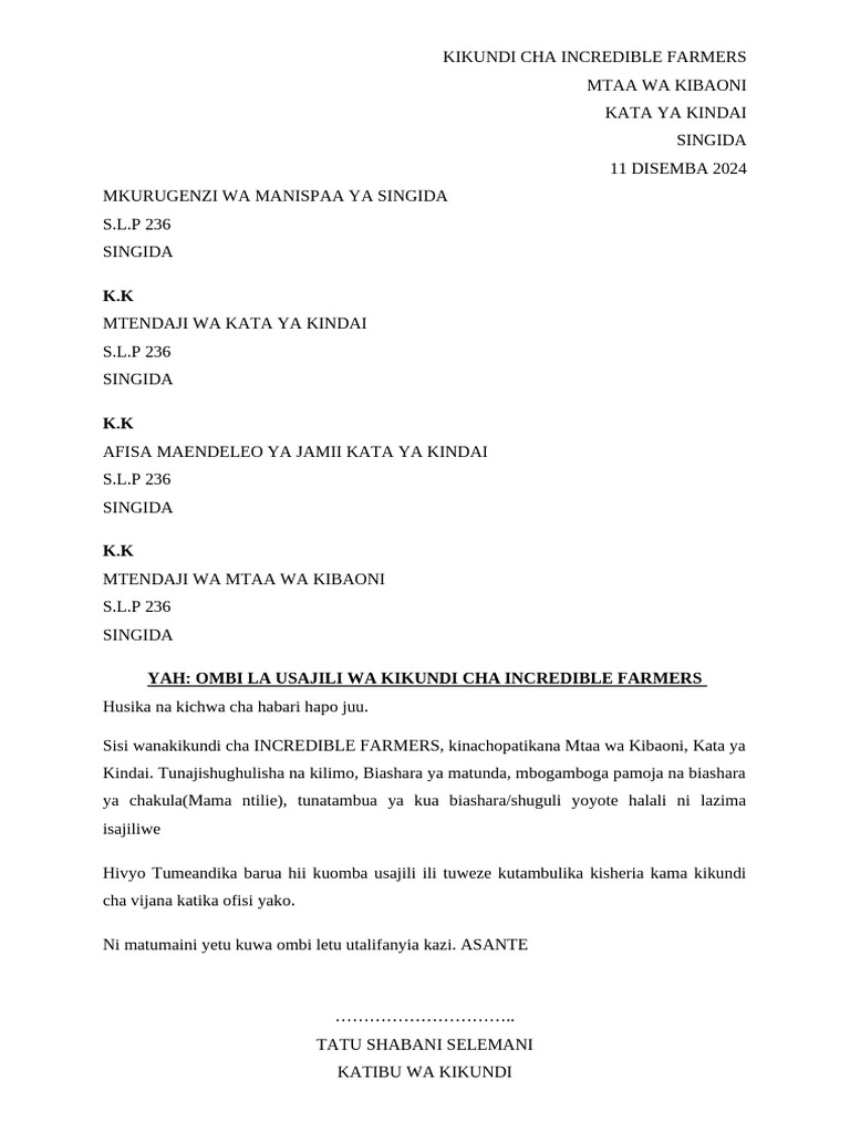 Barua Ya Utambuzi Farmers Group | PDF