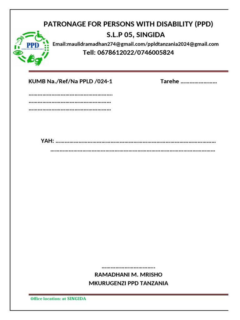 Patronage For Persons With Disability (PPD) S.L.P 05, Singida | PDF