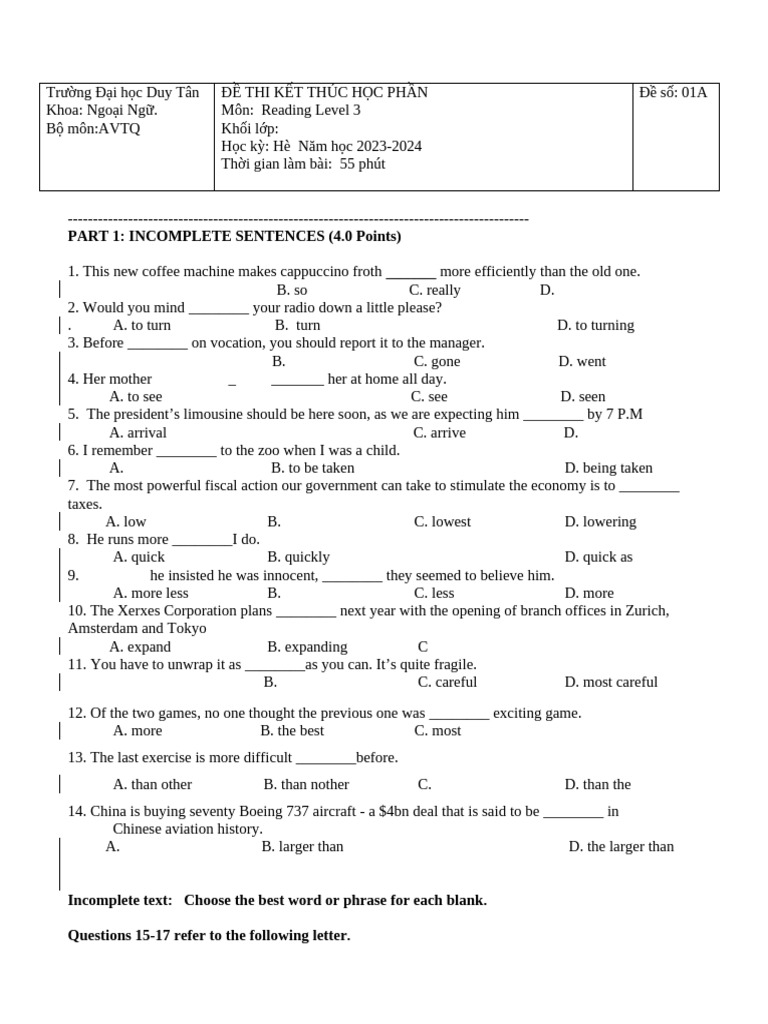 ĐỀ FINAL EXAM - ENG 216.01A - HK HÈ - 2023 - 2024 | PDF