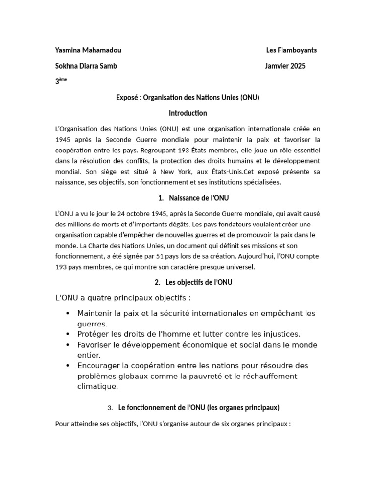 Exposé sur l'Organisation des Nations Unies | PDF | Nations unies ...