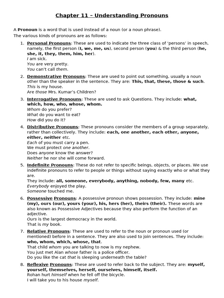Grammar Notes Understanding Pronouns Pdf Pronoun Noun