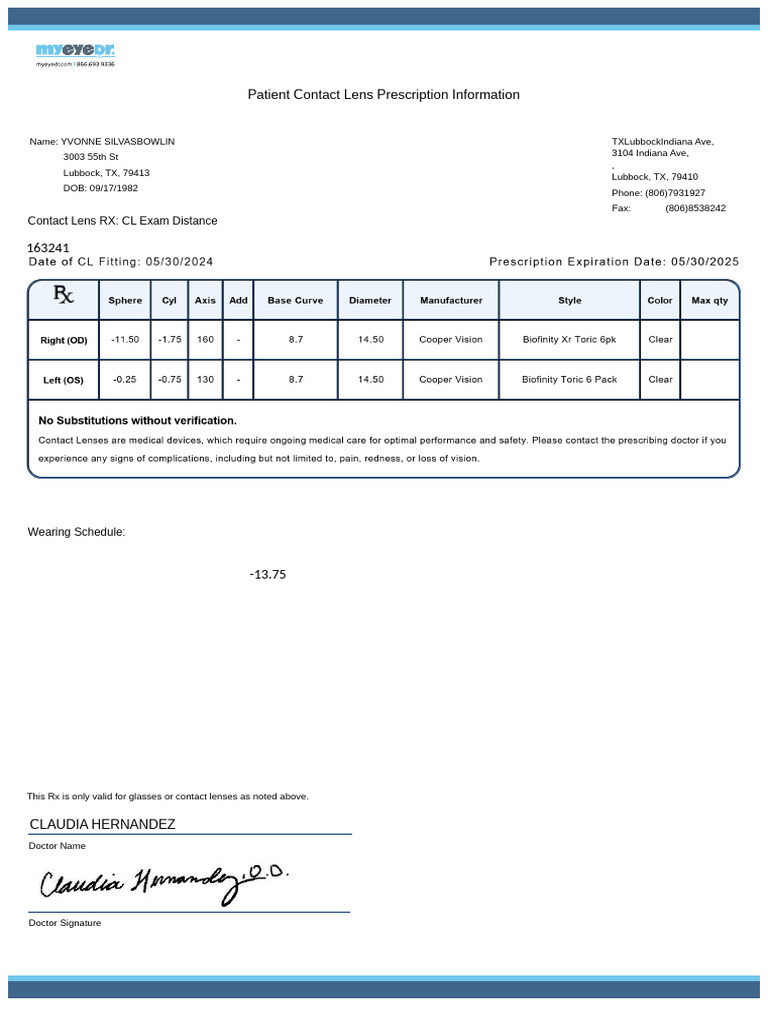 Patient Contact Lens Prescription Details | PDF