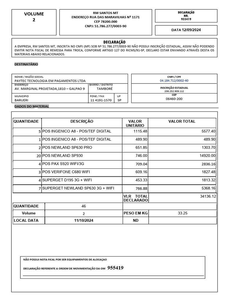 Declaração de Equipamentos Superget 3G | PDF
