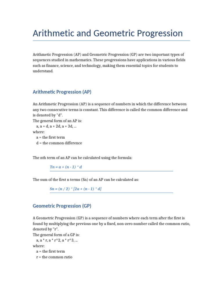 AP and GP Formulas for Class 10 ICSE | PDF