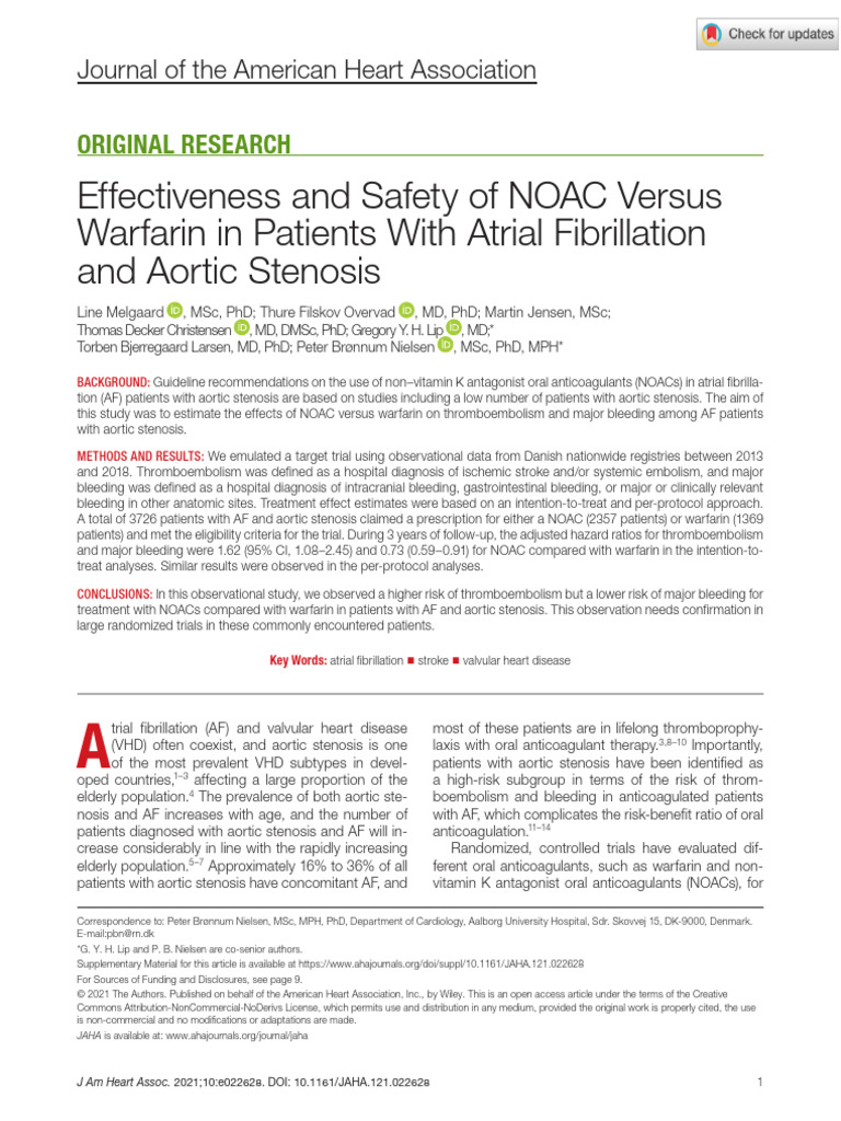 Melgaard Et Al 2021 Effectiveness and Safety of Noac Versus Warfarin in ...