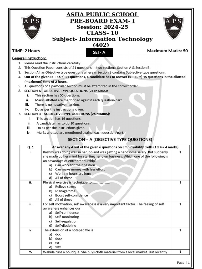 Class 10 IT Pre-Board Exam Paper 2024-25 | PDF | Databases | Spreadsheet