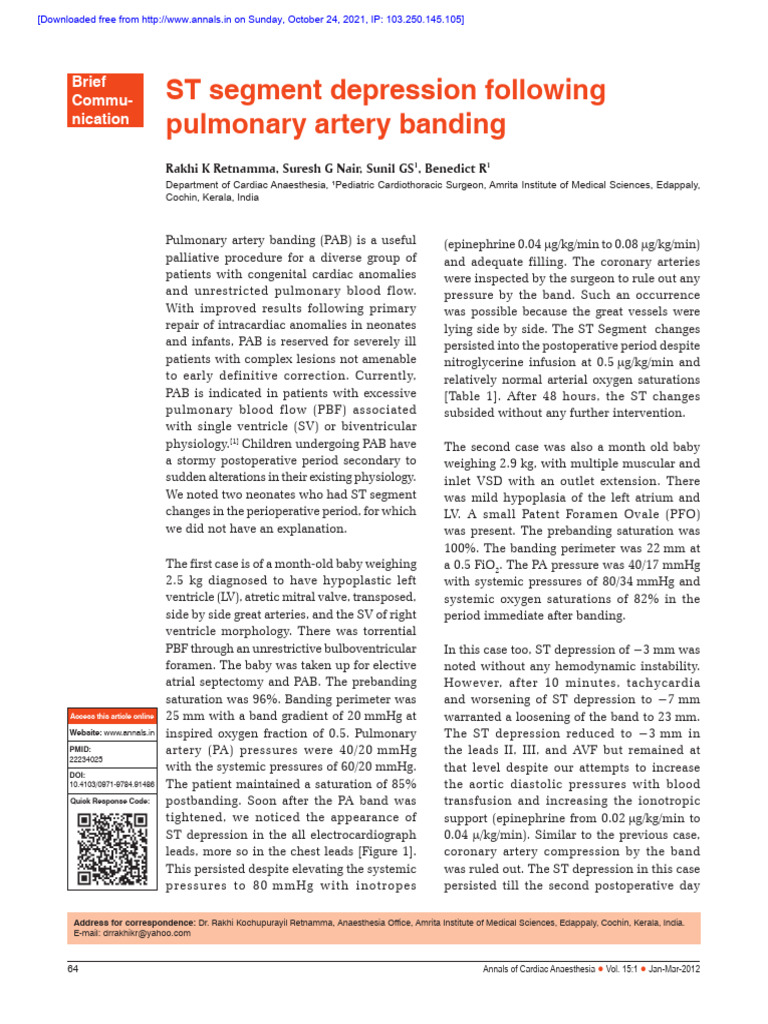ST Segment Depression Post-Pulmonary Banding | PDF | Ventricle (Heart ...