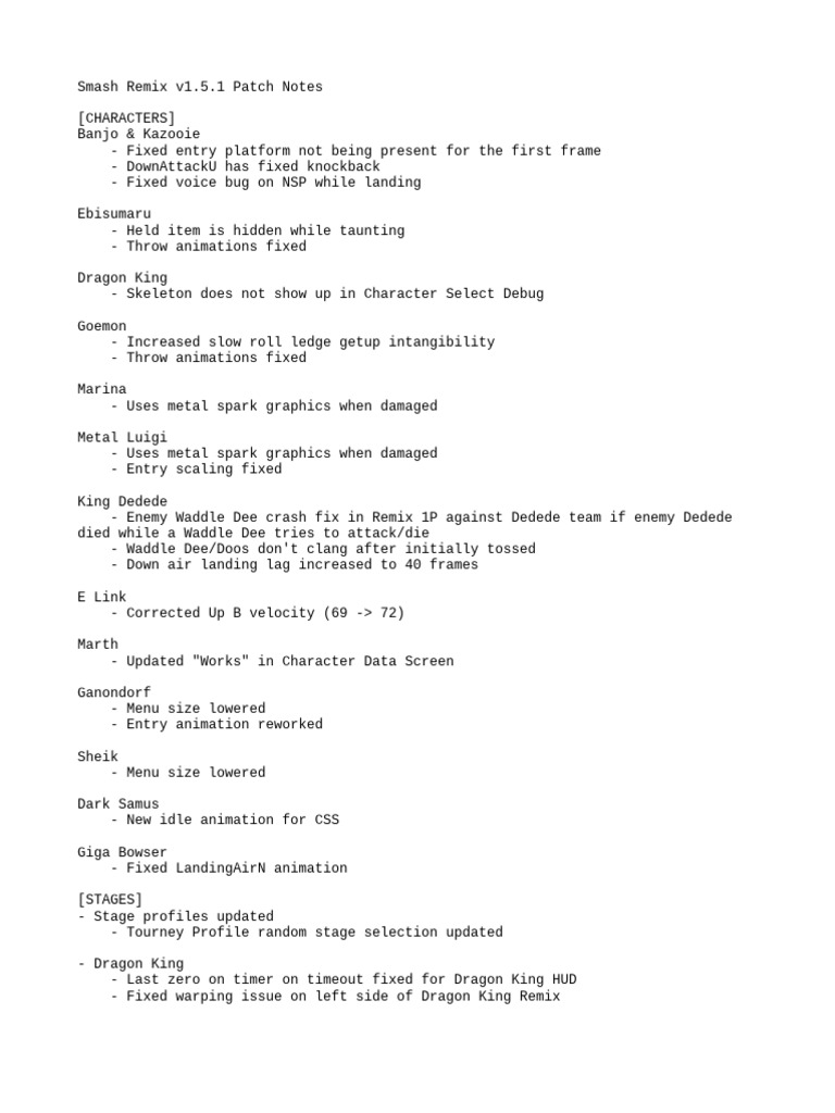 1 5 1 patch notes pdf video game gameplay nintendo franchises