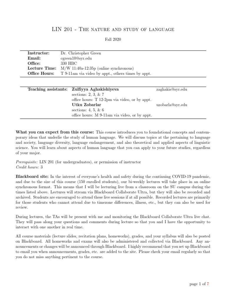 LIN 201 Fall 2020 Syllabus Overview | PDF | Lecture | Teaching Assistant