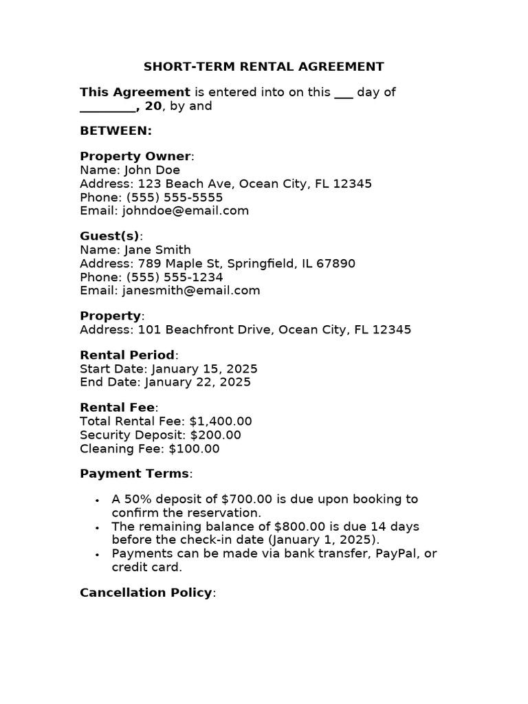 Ocean City Short-Term Rental Agreement | PDF