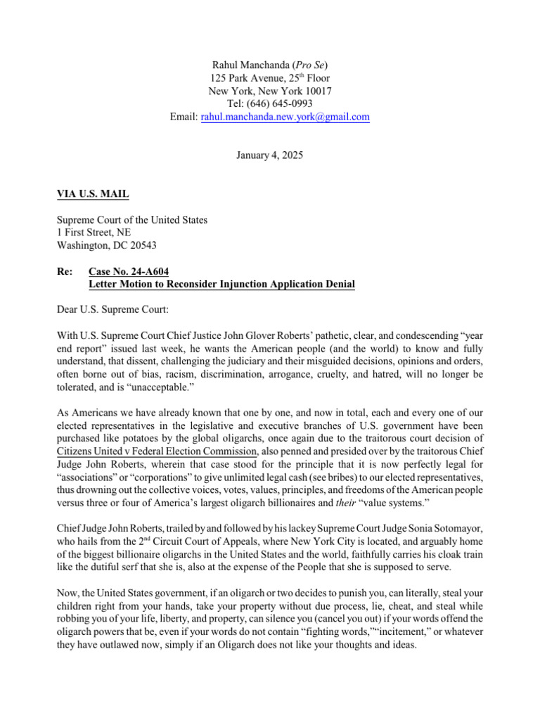 Letter Motion To Reconsider Injunction Application Denial | PDF ...