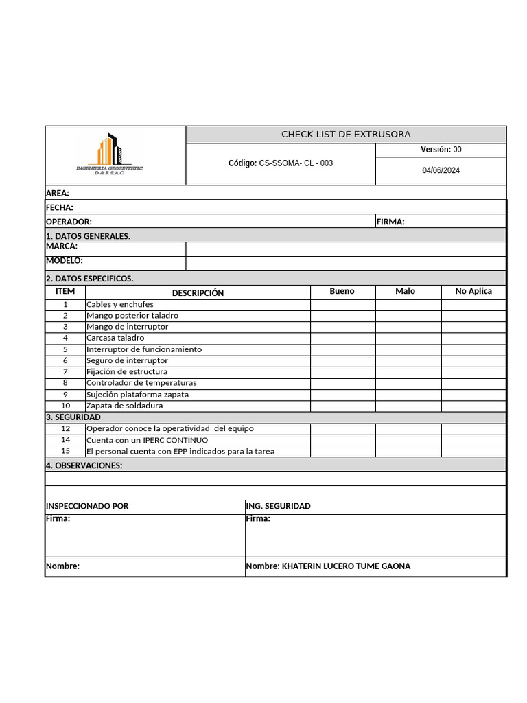 Checklist de Inspección de Extrusora | PDF