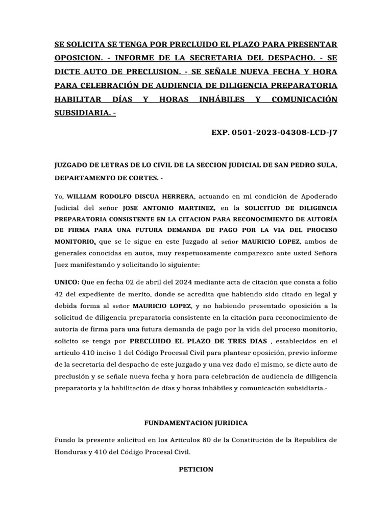 Solicitud de Preclusión en Proceso Civil | PDF | Demanda judicial | Ley ...