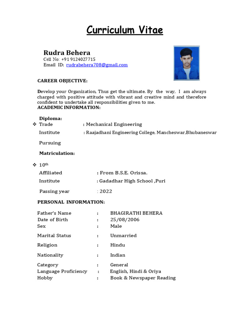 Rudra Behera's Mechanical Engineering CV | PDF