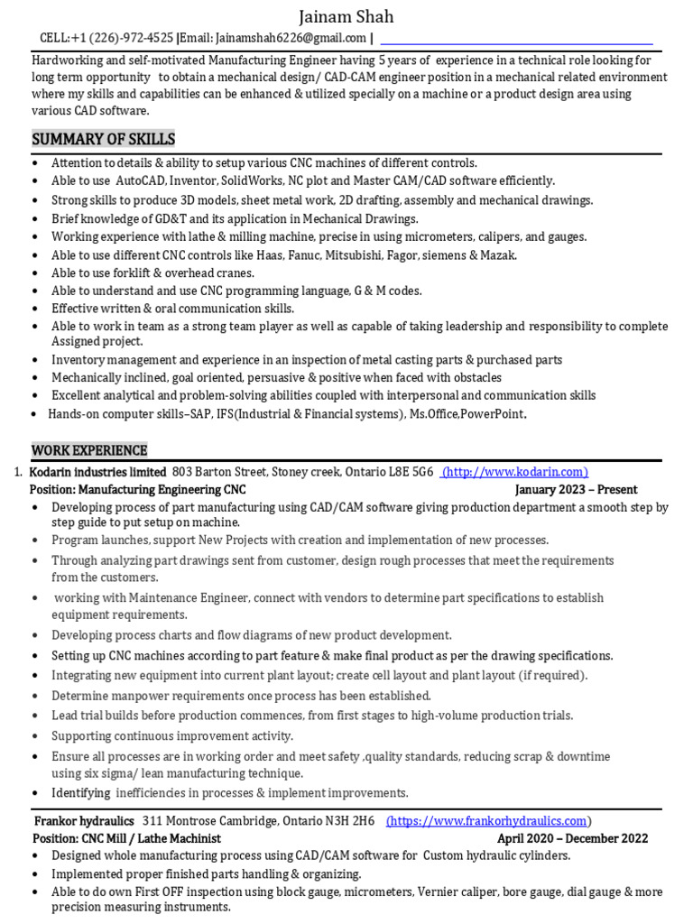JAINAM'S RESUME (1) | PDF | Numerical Control | Machinist