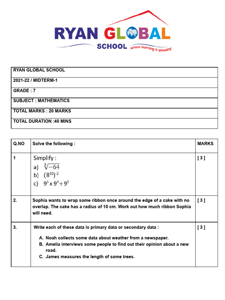 Grade 7 Math Midterm Exam 2021-22 | PDF