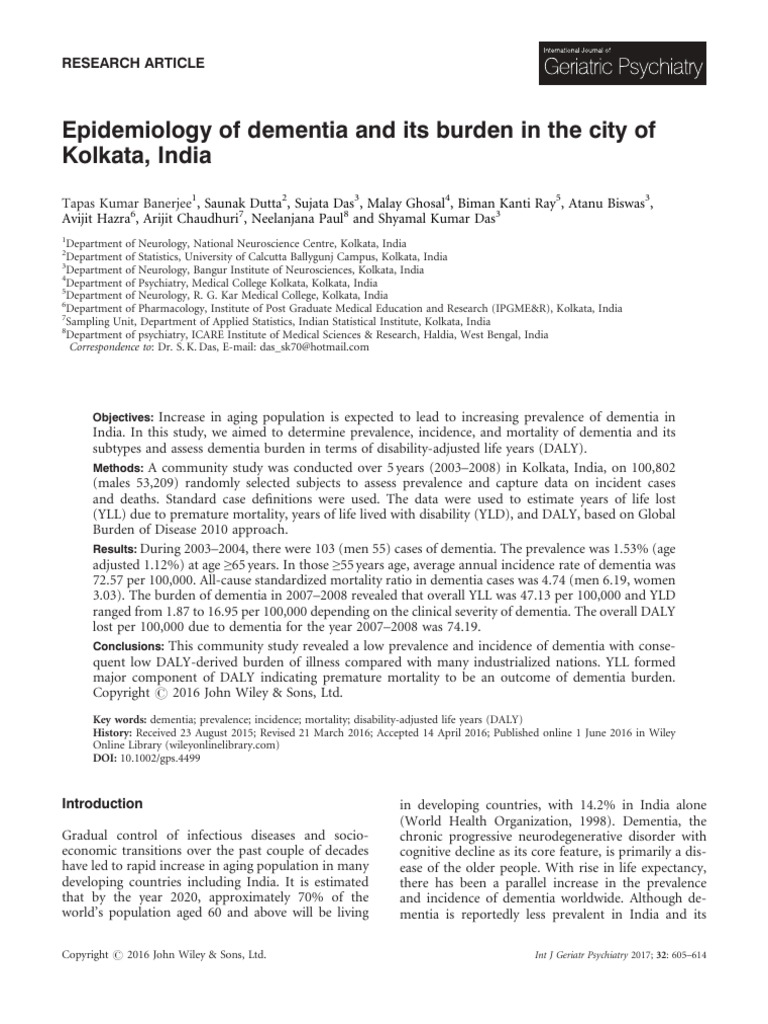 2016 Epidemiology of Dementia and Its Burden in The City of Kolkata ...