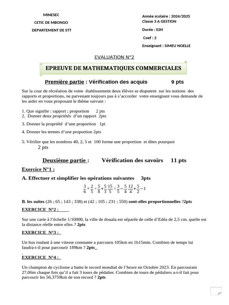 Évaluation de Maths : Rapports et Proportions | PDF