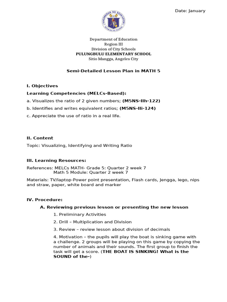 Grade 5 Math Lesson Plan on Ratios | PDF | Ratio