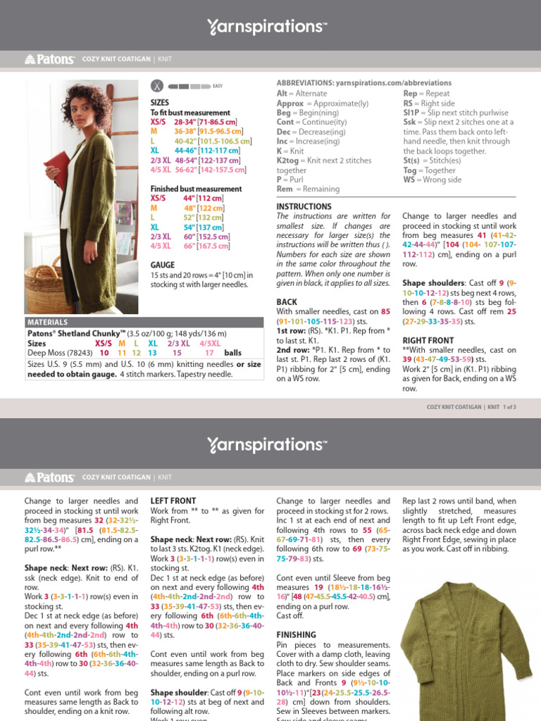 Free Long Cardigan Knitting Pattern | PDF | Knitting | Gauge (Knitting)