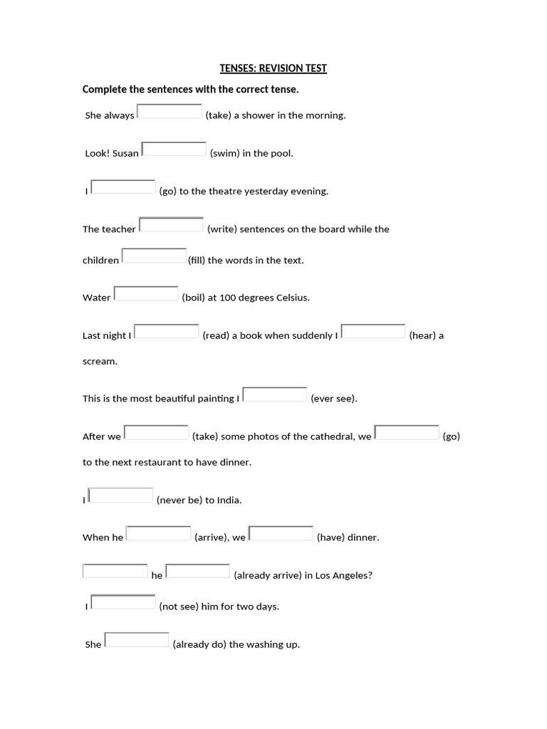 Tenses Revision Test Exercise | PDF