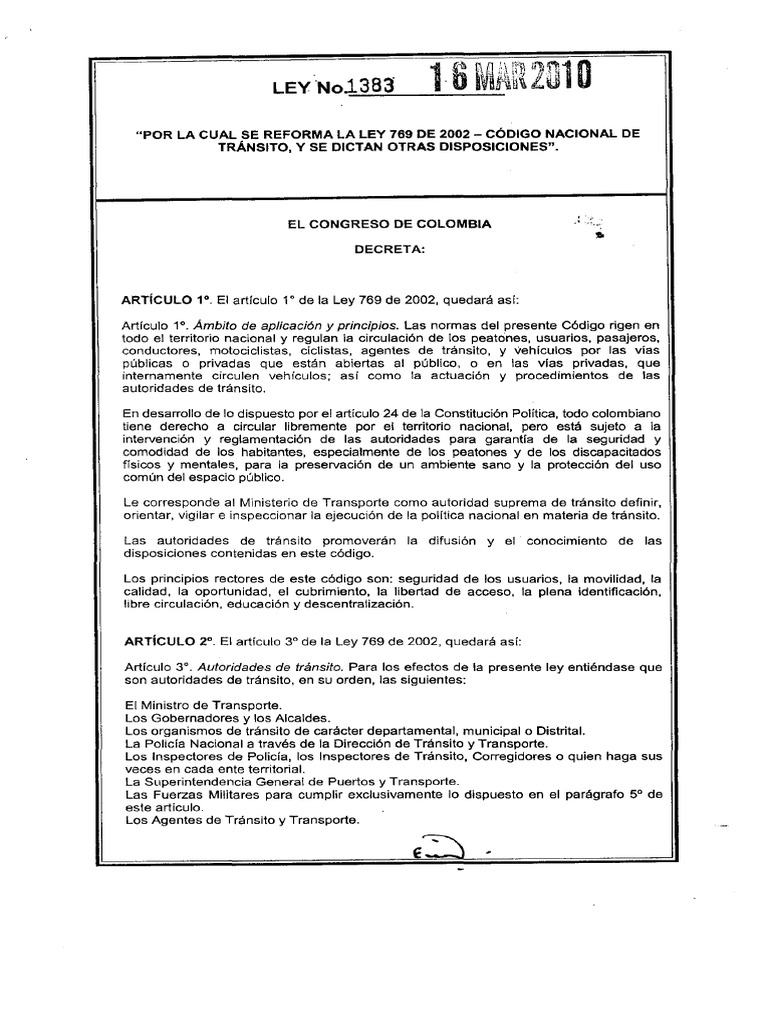 LEY 1383 de 2010 Modificaciones al Código Nacional de Tránsito | PDF