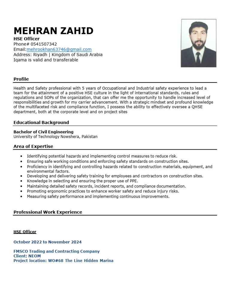 MEHRAN ZAHID Safety Officer CV | PDF | Occupational Safety And Health ...