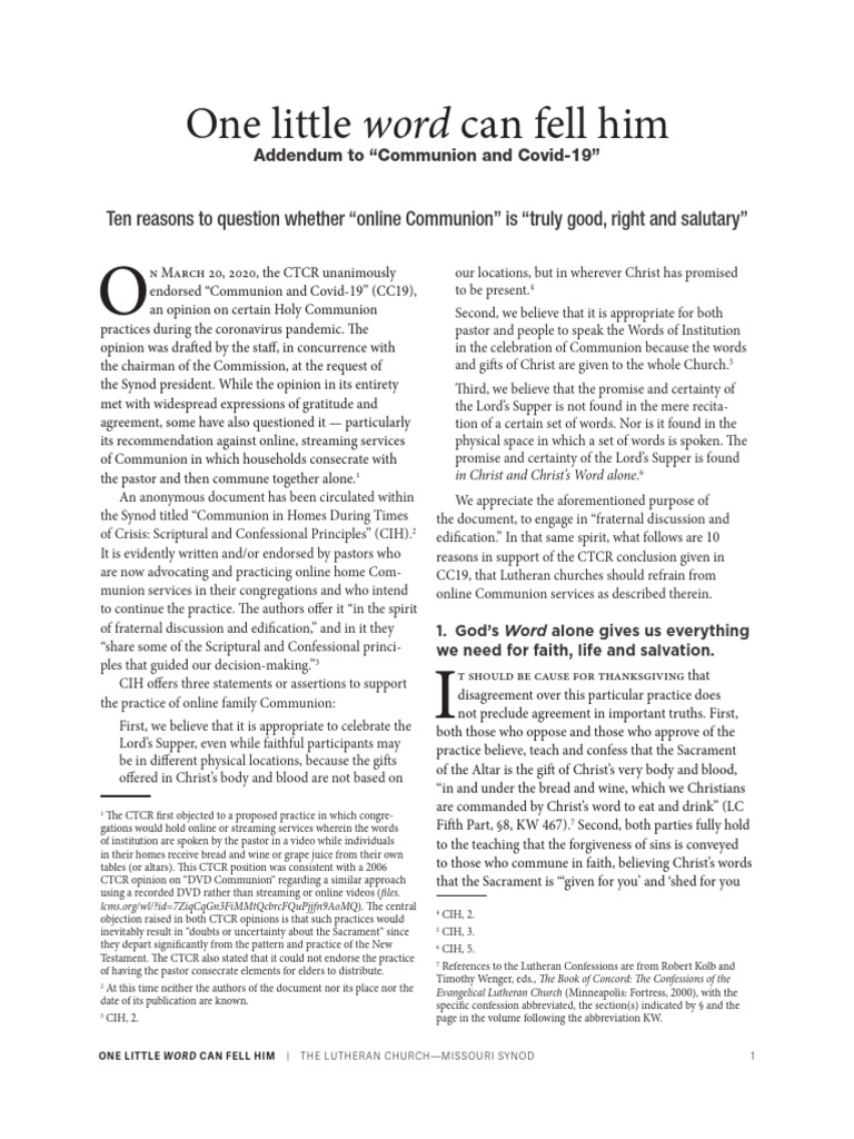 LCMS CTCR Communion COVID 19 Addendum | PDF | Eucharist | Sacraments