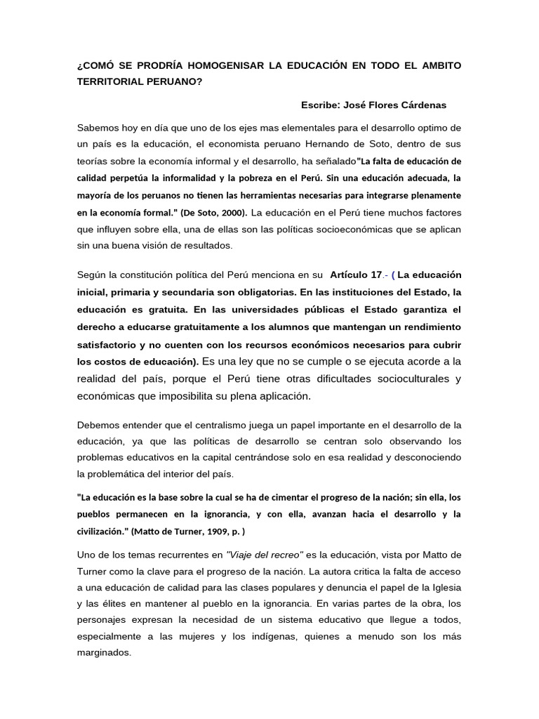 Homogeneizar Educación en Perú | PDF | Perú | Estado (política)