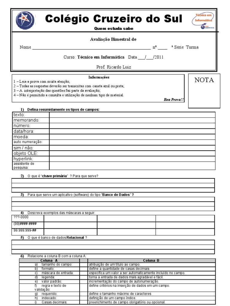 Prova 01 Teorica Access Segundo Ano | PDF