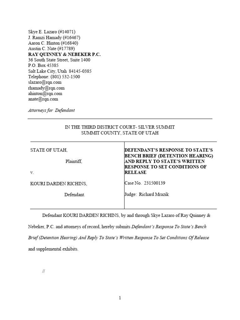 DEFENDANT’S RESPONSE TO STATE’S BENCH BRIEF (DETENTION HEARING) AND ...